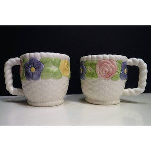 Tea Set Serving, Spring Floral Table Decor, Hallmark Weaved Ceramic Mugs 2 total